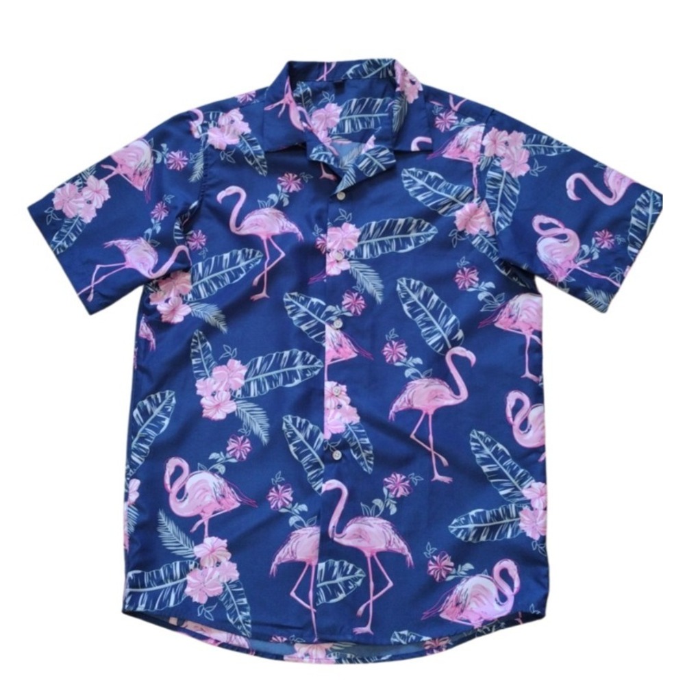 Unbranded Button‎ Up Shirt Man Medium Blue Pink Flamingos AOP Tropical Vacation